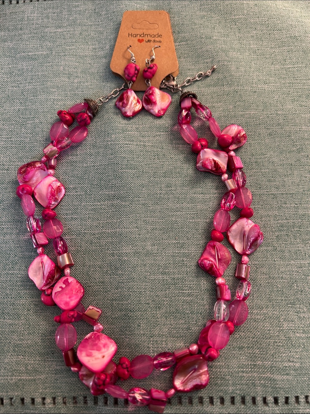Pink Multi-Strand Shell Bead Necklace & Earrings Set